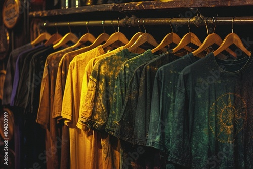 A market stall featuring a colorful collection of tshirts on hangers, attracting fashionconscious shoppers photo