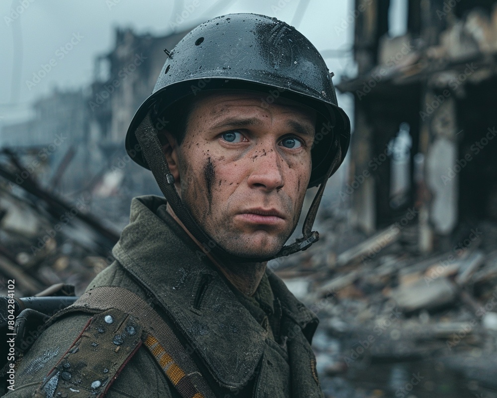 A Russian soldier standing before the ruins of a bombed city in Eastern Europe, his expression reflecting sorrow and determination 8K , high-resolution, ultra HD,up32K HD A Russian soldier standing before the ruins of a bombed city in Eastern Europe, his expression reflecting sorrow and determination 8K , high-resolution, ultra HD,up32K HD