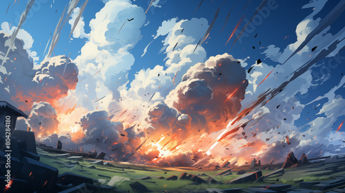 Explosive Sky with Meteors over Wrecked Landscape