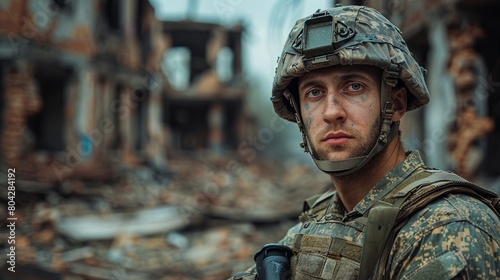 A Russian soldiers portrait, the backdrop a bombed city in Eastern Europe, symbolizing the human cost of conflict 8K , high-resolution, ultra HD,up32K HD photo