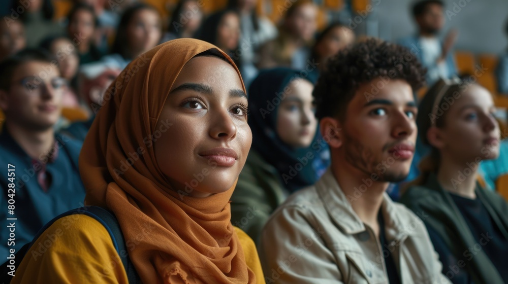Multiethnic group of university students in lecture hall Multiethnic group of university students in lecture hall