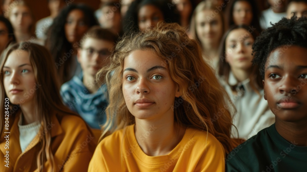 Multiethnic group of university students in lecture hall Multiethnic group of university students in lecture hall