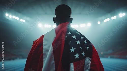 An African American Olympic track athlete, draped in the American flag, celebrates victory on the stadium track, seen from behind, with room for text 8K , high-resolution, ultra HD,up32K HD photo