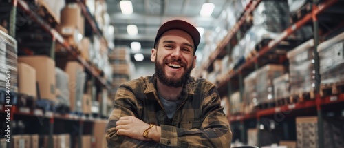 Laughing worker sitting at his desk in a warehouse.
