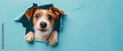 Funny dog muzzle jack russell terrier sticks out of a hole in a blue cardboard background.