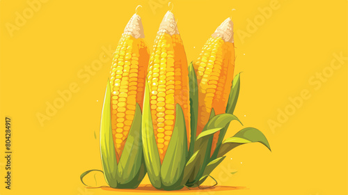 Fresh corn cob with husk on yellow background 2d fl