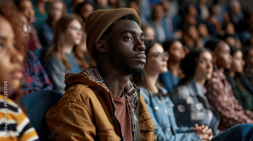 Multiethnic group of university students in lecture hall Multiethnic group of university students in lecture hall