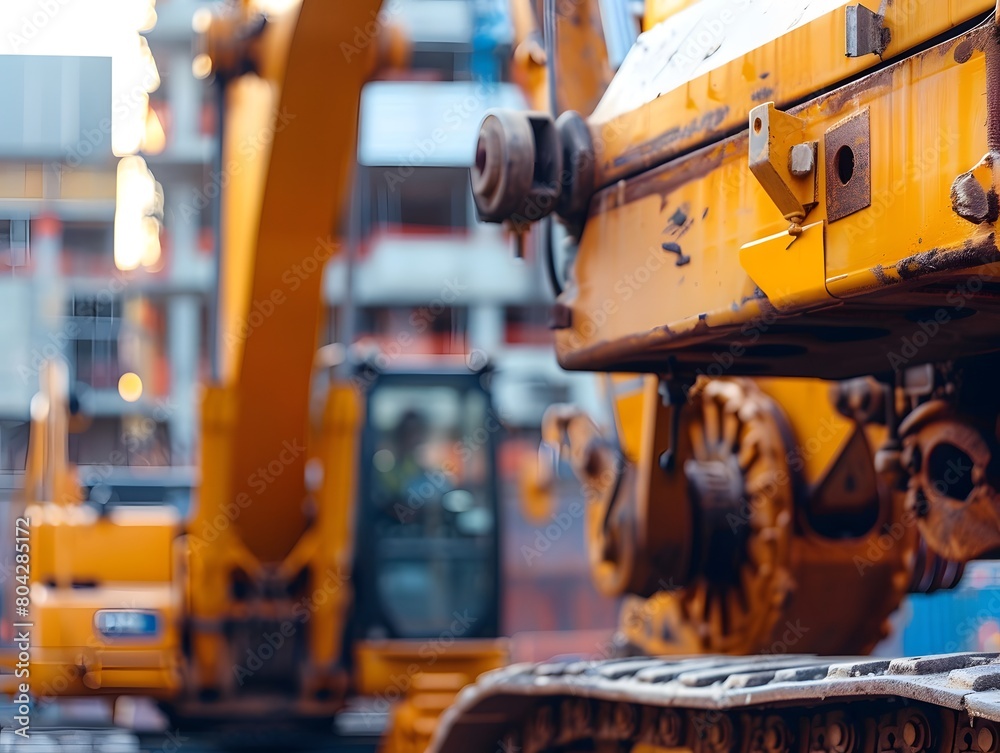 Fototapeta premium Cranes and Excavators Close-Up with Blurred Construction Site Background