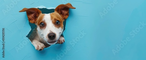 Funny dog muzzle jack russell terrier sticks out of a hole in a blue cardboard background.