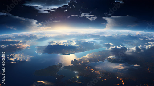 A realistic illustration of Earth as seen from space, with continents clearly visible in the deep blue ocean, in a style reminiscent of high-resolution satellite imagery © Luisa