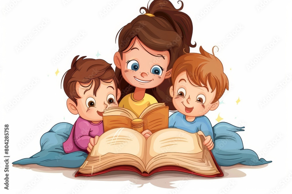 An enchanting illustration of a mother engrossed in reading a captivating bedtime story to her children, creating a warm and loving atmosphere. An enchanting illustration of a mother engrossed in reading a captivating bedtime story to her children, creating a warm and loving atmosphere.