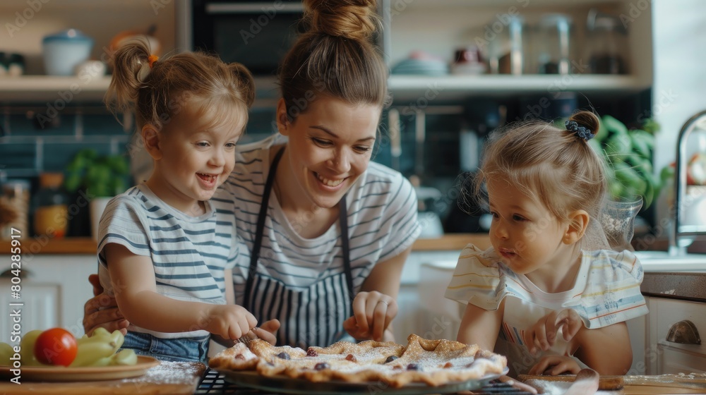 Horizontal shot of happy woman with bun hairstyle wearing striped shirt sitting on floor in kitchen with her kids, mother and her kids waiting for tasty pie, baking in oven Horizontal shot of happy woman with bun hairstyle wearing striped shirt sitting on floor in kitchen with her kids, mother and her kids waiting for tasty pie, baking in oven