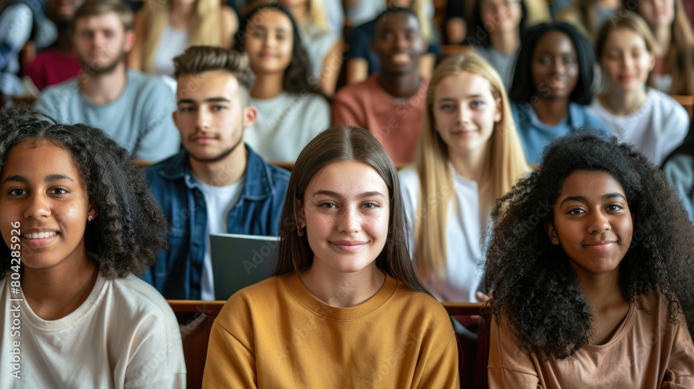 Multiethnic group of university students in lecture hall Multiethnic group of university students in lecture hall