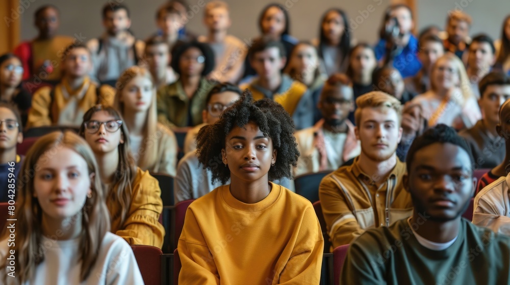 Multiethnic group of university students in lecture hall Multiethnic group of university students in lecture hall