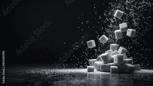 Sugar cubes building up under a dark background, representing sugar's impact on health photo