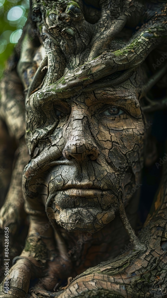 Realistic Tree Face Sculpture in Natural Setting
