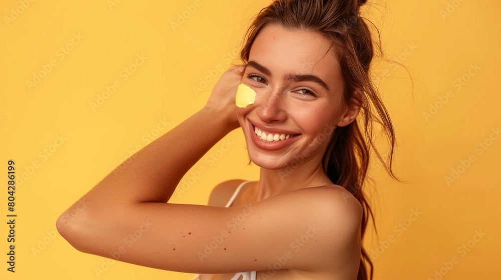 Portrait of smiling attractive woman applying sunblock on her arm, using sunscreen for skin protect during hot summer days, posing isolated over yellow background Portrait of smiling attractive woman applying sunblock on her arm, using sunscreen for skin protect during hot summer days, posing isolated over yellow background
