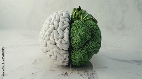 Half broccoli and stone brain on a white surface. Healthy mind and nutrition concept