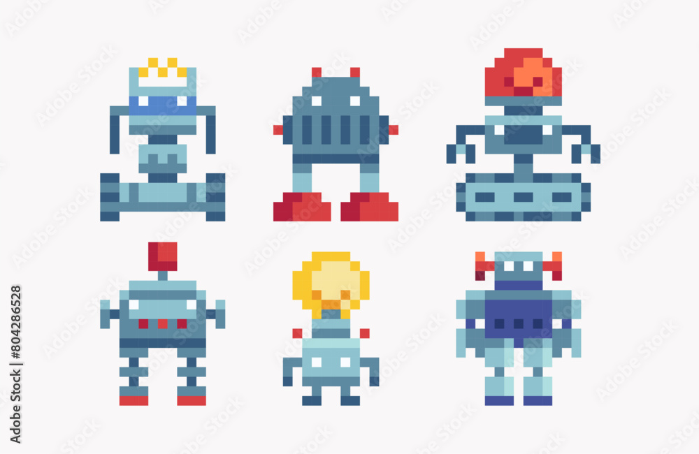 Robot toys pixel art set. Android bot cute collection. Futuristic mechanical cyborg 8 bit. Game development, mobile app. Isolated vector illustration. Robot toys pixel art set. Android bot cute collection. Futuristic mechanical cyborg 8 bit. Game development, mobile app. Isolated vector illustration.