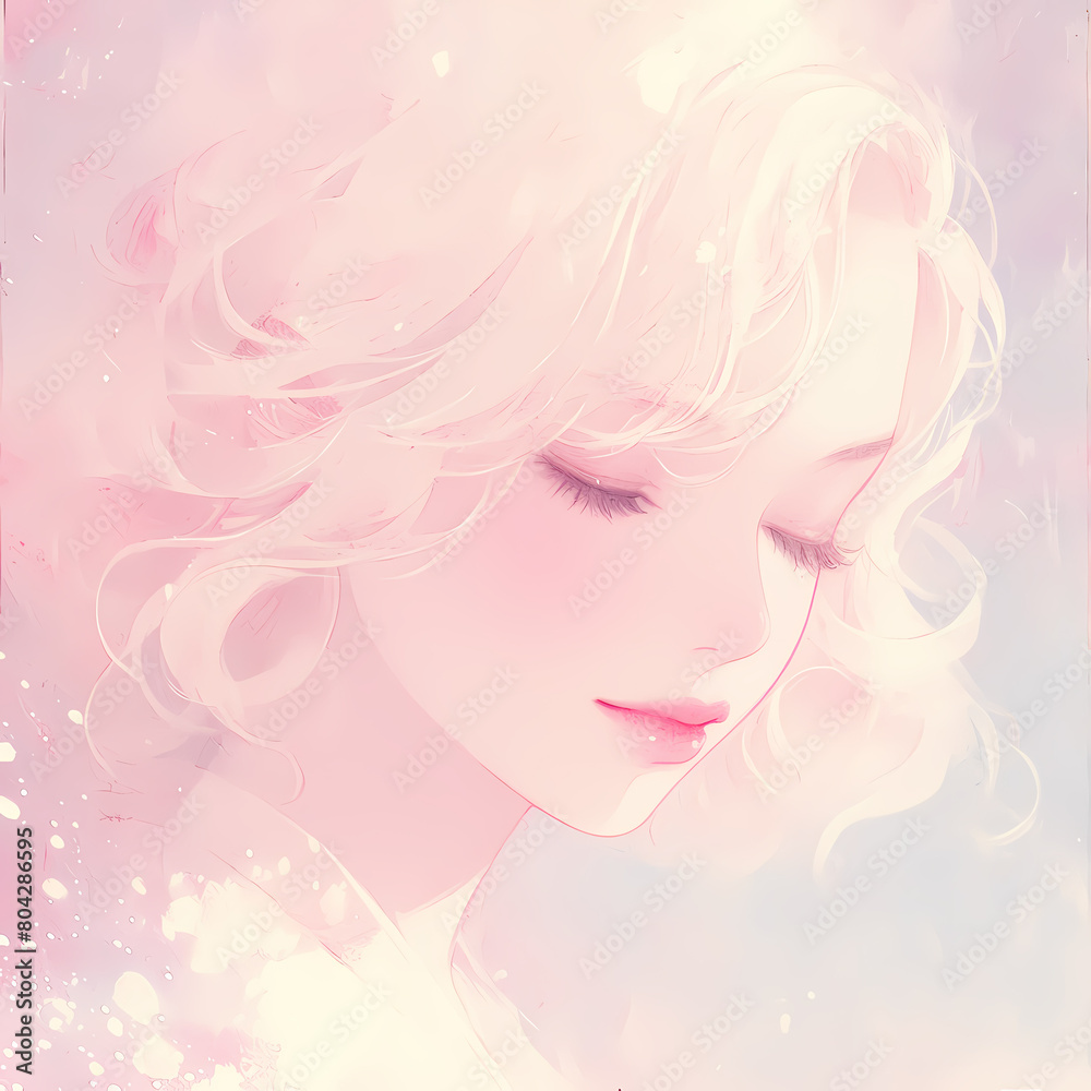 Stunning Portrait of a Young Woman with Gorgeous Soft Pink Aquarelle Blot. Dreamy, Ethereal Atmosphere Perfect for Fashion & Beauty Marketing.