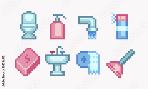 Toiletries pixel art set. Bathroom elements collection. Toilet, sanitizer, toilet paper 8 bit. Game development, mobile app. Isolated vector illustration. 