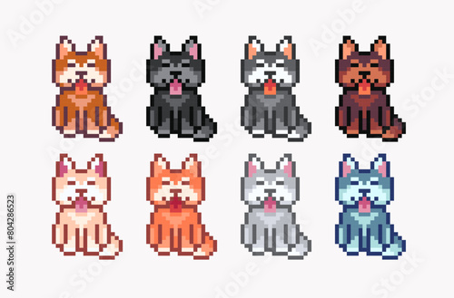 Different colors dogs pixel art set. Puppy breeds collection. 8 bit. Game development, mobile app. Isolated vector illustration. 