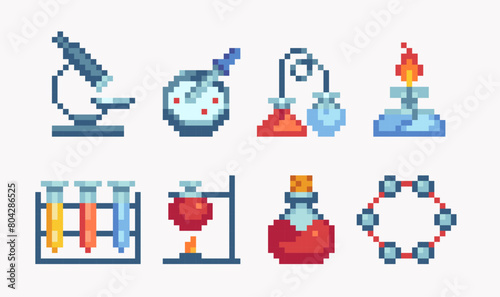 Chemistry icons pixel art set. Laboratory, biological equipment collection. Chemical reaction. Molecule, atom chain 8 bit. Game development, mobile app. Isolated vector illustration. 