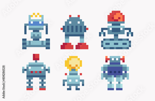 Robot toys pixel art set. Android bot cute collection. Futuristic mechanical cyborg 8 bit. Game development, mobile app. Isolated vector illustration. 