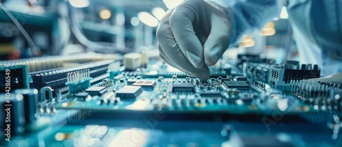 In the background, an assembly line for PCBs with Surface Mount Pick and Place Technology is shown. Quality Control Engineer inspects electronic printed circuit boards for damage. photo