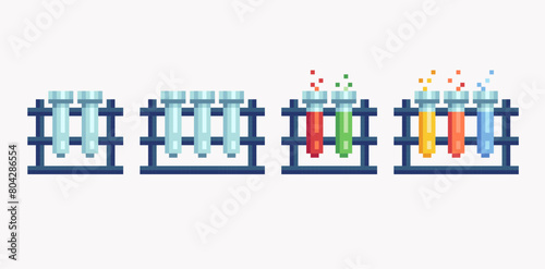 Laboratory flask pixel art set. Chemistry, biological glassware collection. Burner chemical reaction 8 bit. Game development, mobile app. Isolated vector illustration. 