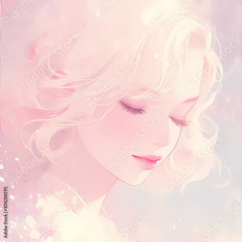 Stunning Portrait of a Young Woman with Gorgeous Soft Pink Aquarelle Blot. Dreamy  Ethereal Atmosphere Perfect for Fashion   Beauty Marketing.