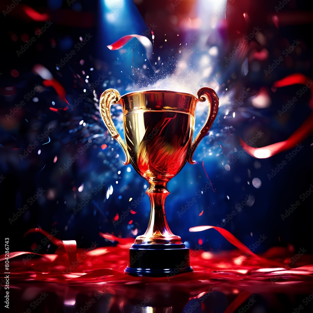 Golden trophy center cup raised high reflective surfaces catching light streamers in motion, Ai Generated