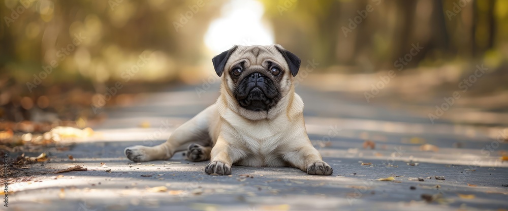 Funny pug dog playing on concrete road. Funny pug dog playing on concrete road.