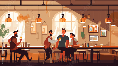 Friends drinking fresh beer in pub 2d flat cartoon
