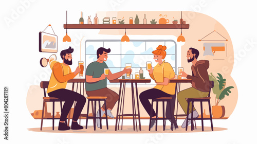 Friends drinking fresh beer in pub 2d flat cartoon