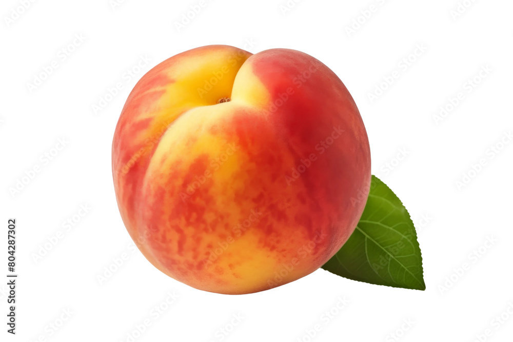 The Majestic Peach: A Leafy Delight. On a White or Clear Surface PNG Transparent Background. The Majestic Peach: A Leafy Delight. On a White or Clear Surface PNG Transparent Background.
