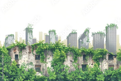 A captivating rooftop view of a city skyline engulfed by lush green vegetation and decaying buildings  creating a mesmerizing blend of urban decay and natural growth.