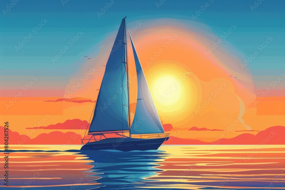 A breathtaking illustration capturing the tranquility of a sailboat gracefully gliding across the water, while the sun sets behind it, painting the sky in hues of gold and orange.
