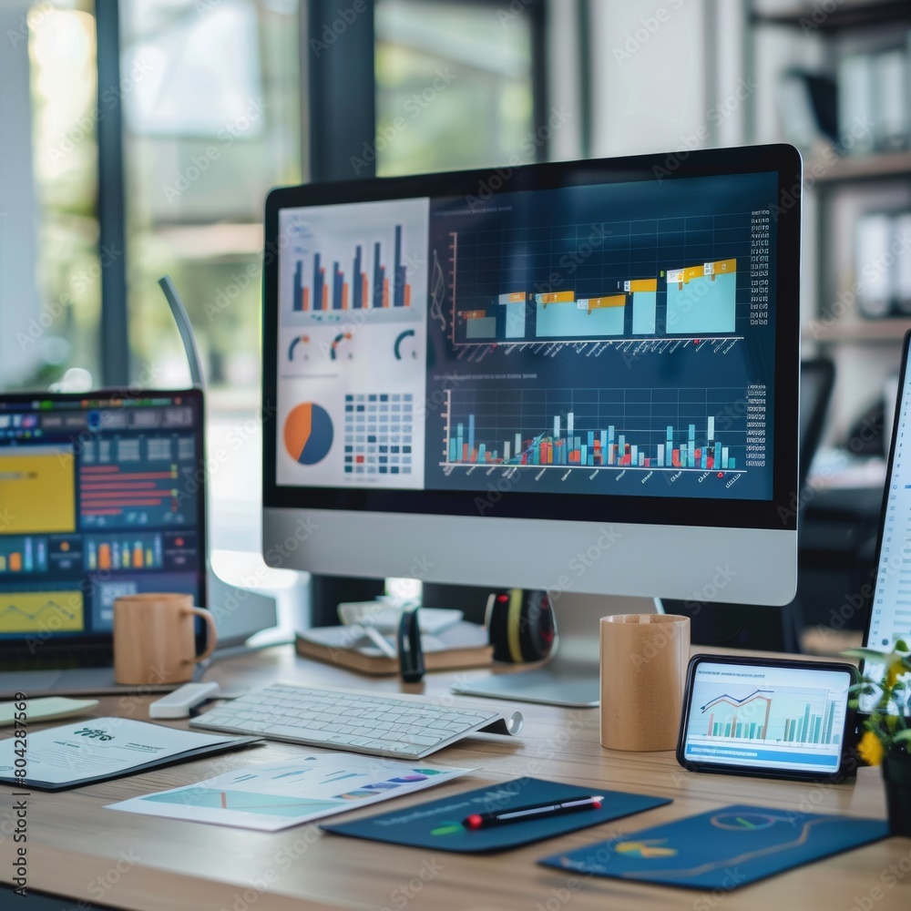 An office desk with a monitor displaying a dynamic bar graph and other visualizations. Papers and charts are scattered An office desk with a monitor displaying a dynamic bar graph and other visualizations. Papers and charts are scattered
