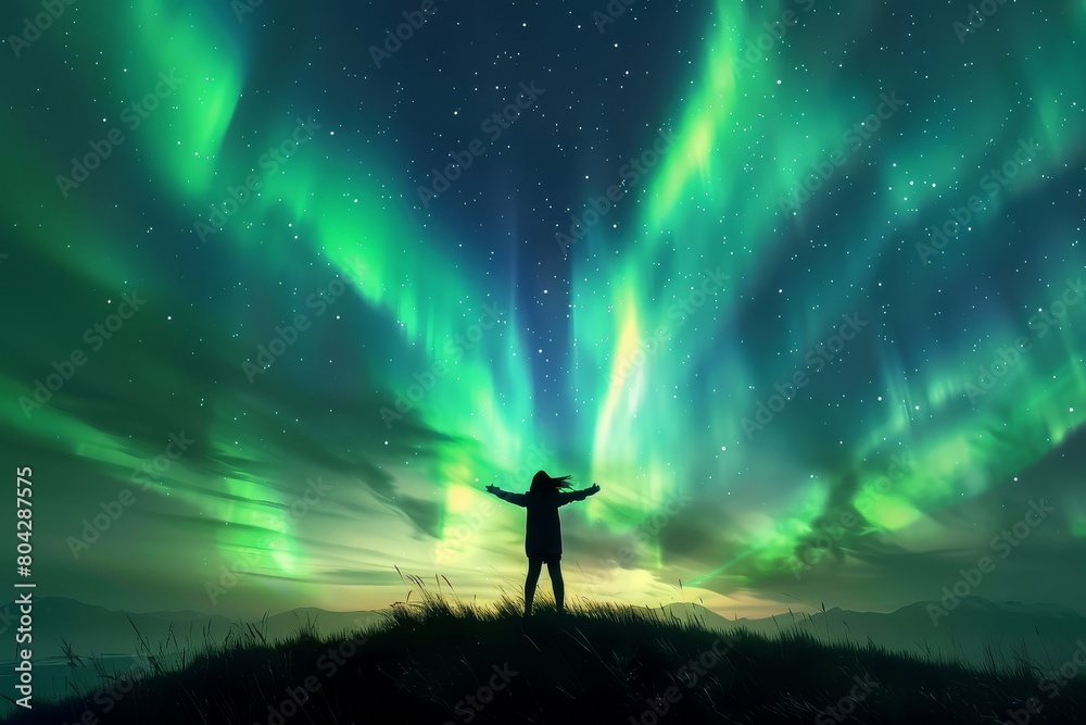 A mesmerizing illustration of a person gazing in wonder at the enchanting display of the Northern Lights illuminating the night sky.