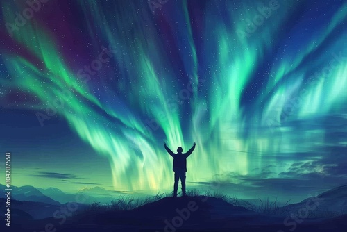 A stunning illustration of a person gazing in wonder at the enchanting Northern Lights as they illuminate the night sky. © Jennie Pavl