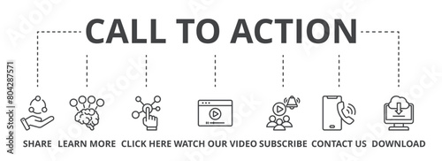 Call to action concept icon illustration contain share, learn more, click here, watch our video, subscribe, contact us and download.