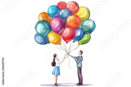Vibrant illustration of a teacher delightedly receiving a bouquet of colorful balloons  creating a heartwarming moment of appreciation and celebration.