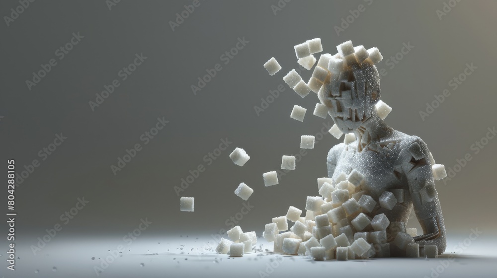 Figure made of sugar cubes disintegrating, symbolizing sugar's impact on the human body