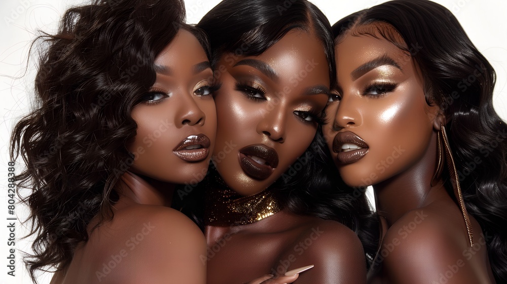 African American models, flawless glamor makeup with black and gold shades