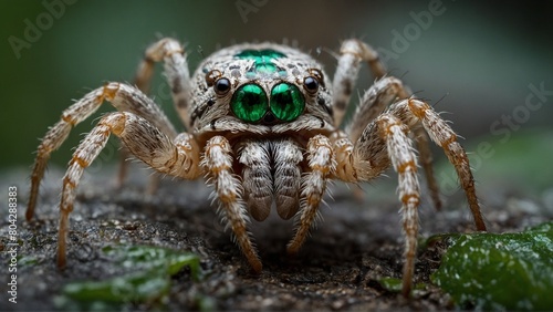  A magnificently intricate arachnid with emerald eyes with defocused background.
