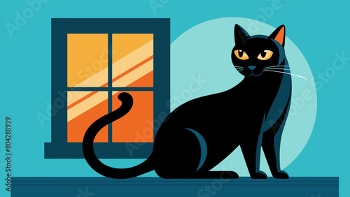 A sleek black cat with a bionic tail playfully swishing it around as it lounges on a sunny windowsill.. Vector illustration