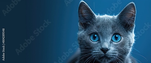 Gray cat with blue eyes portrait on blue background close up