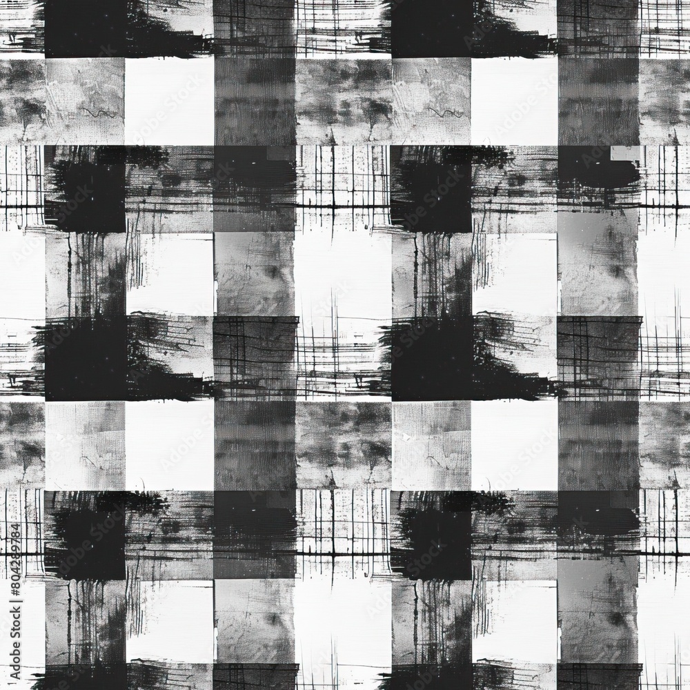 A seamless watercolor and ink plaid pattern in black and white.