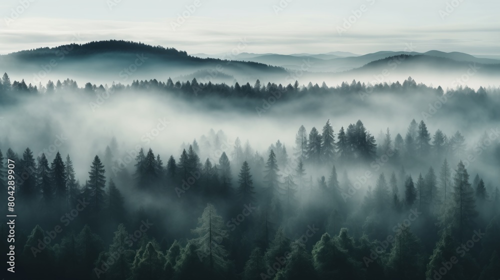 Photograph of a foggy forest. Misty Forest Aerial Photograph with Pine Trees. Foggy, Atmospheric Nature Background Photograph of a foggy forest. Misty Forest Aerial Photograph with Pine Trees. Foggy, Atmospheric Nature Background